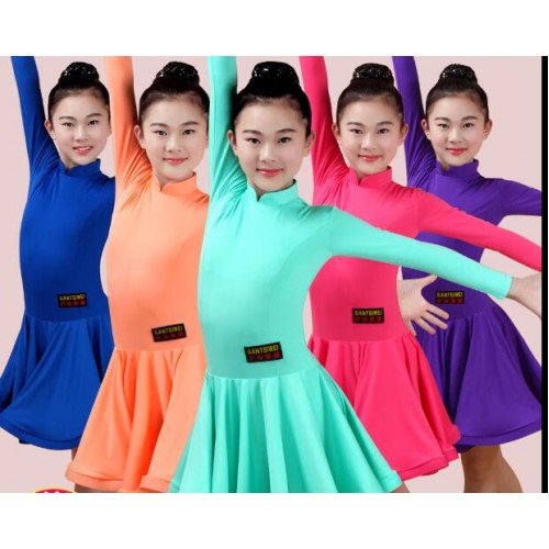 Royal blue orange fuchsia turquoise long sleeves girl's kids children teenager competition ballroom latin dance dresses
